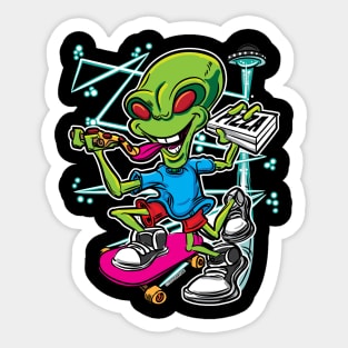 Alien UFO Flying Saucer Pizza Delivery Skateboard Sticker